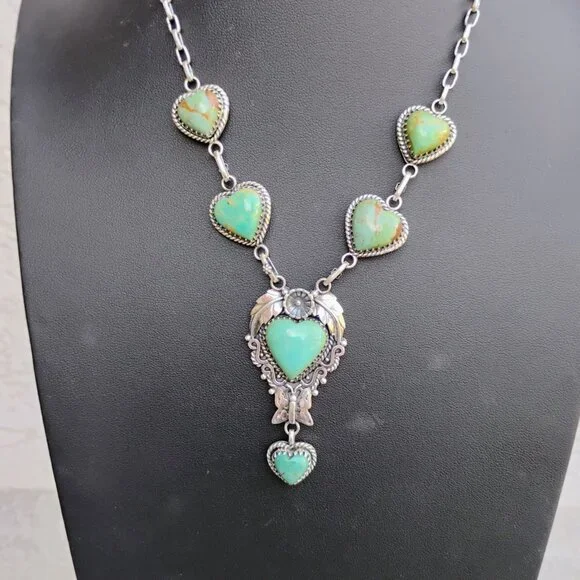 Turquoise Heart Stone Sterling Silver Lariat Necklace Butterfly Flower Southwest - Picture 4 of 12